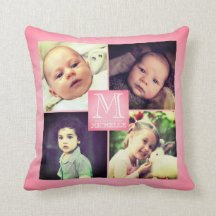 Pink photo girly monogramed collage cushion