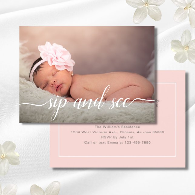 Pink Photo Girly Sip and See Baby Shower Pink Invitation (Sip and See Photo Card)