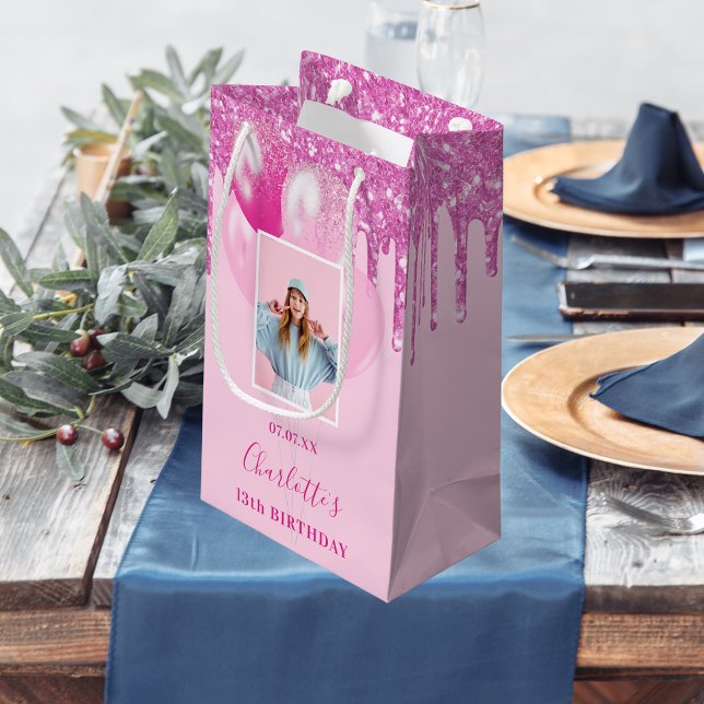 Pink photo glitter drips girl small gift bag (Creator Uploaded)