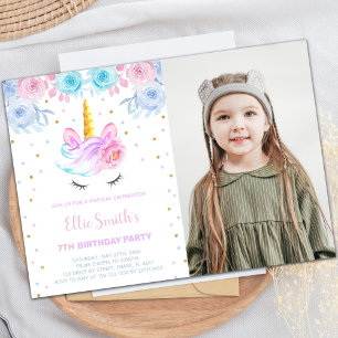 Pink Photo Green Floral Unicorn Invitations