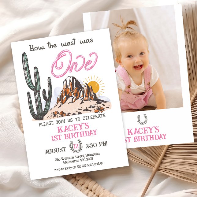 Pink Photo How The West Was One 1st Birthday Invitation (Baby Girls Photo How The West Was One 1st Birthday Invitation, Wild West 1st Birthday Invite Rodeo)