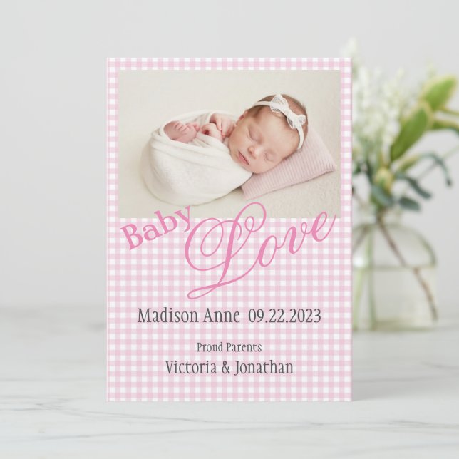 Pink Photo Name Date Birth Announcement (Standing Front)
