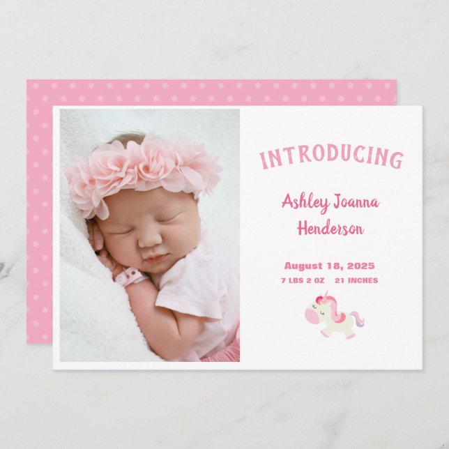 Pink Photo Newborn Baby Girl Announcement (Front/Back)
