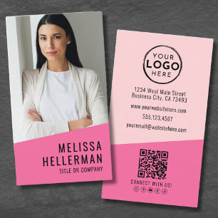 Pink Photo QR Code Company Logo Vertical Business Card