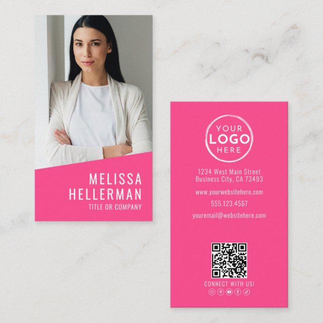 Pink Photo QR Code Logo Vertical Business Card (Front/Back)