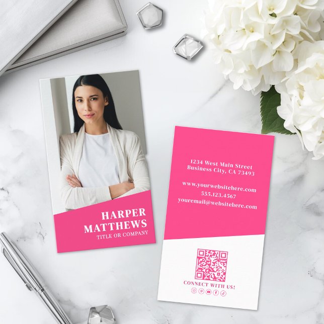 Pink Photo QR Code Vertical Business Card (Pink Photo QR Code Vertical Business Card )