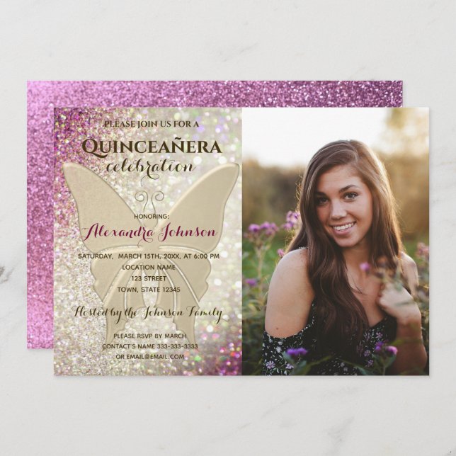 Pink Photo Quinceanera 15th Birthday Invitation (Front/Back)