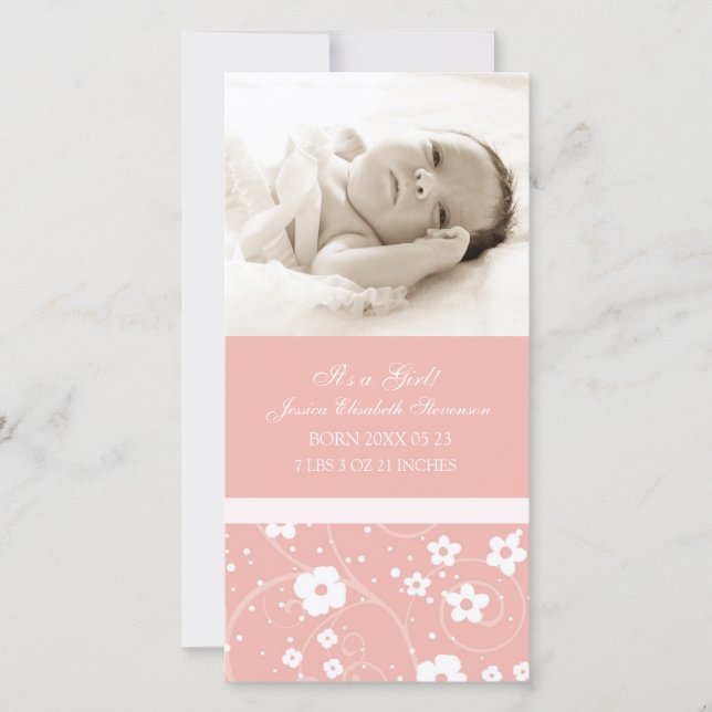 Pink Photo Template New Baby Birth Announcement (Front)