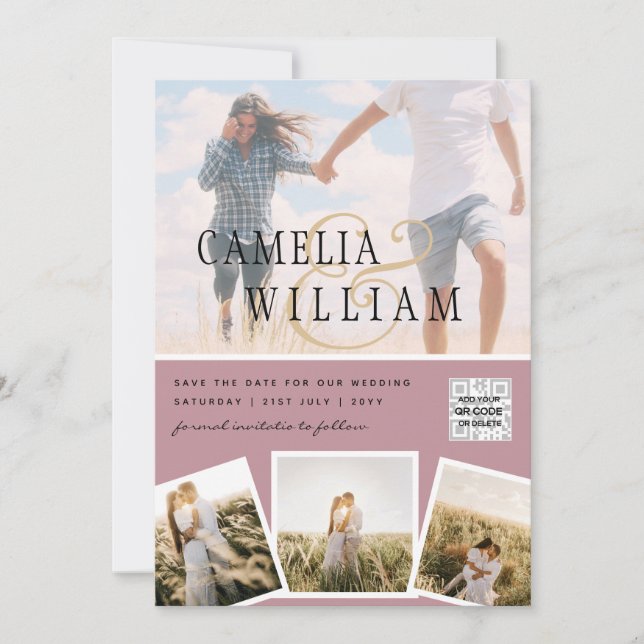 Pink Photo Wedding Invite QR Code Save Date (Front)