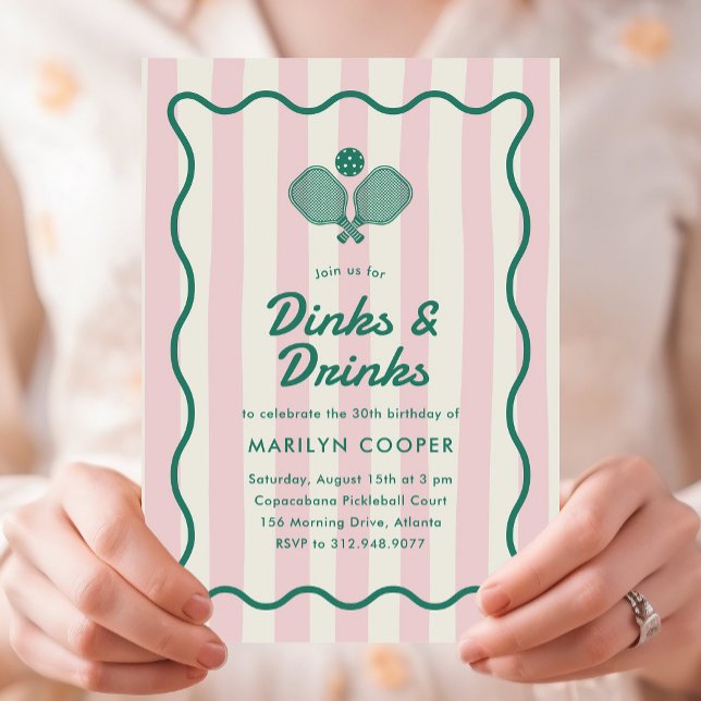Pink Pickleball Dinks and Drinks Birthday Party Invitation (Dinks and Drinks Pickleball birthday party invitation with pink stripes and green wavy border)