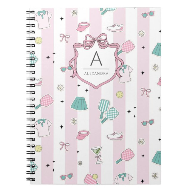 Pink Pickleball Preppy Monogram Print Notebook (Front)
