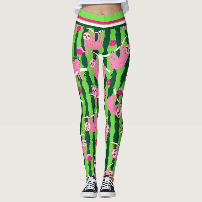 Pink pickleball sloths 🦥 leggings (Front)