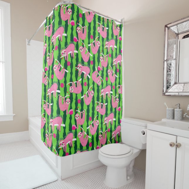 Pink pickleball sloths 🦥 shower curtain (In Situ)
