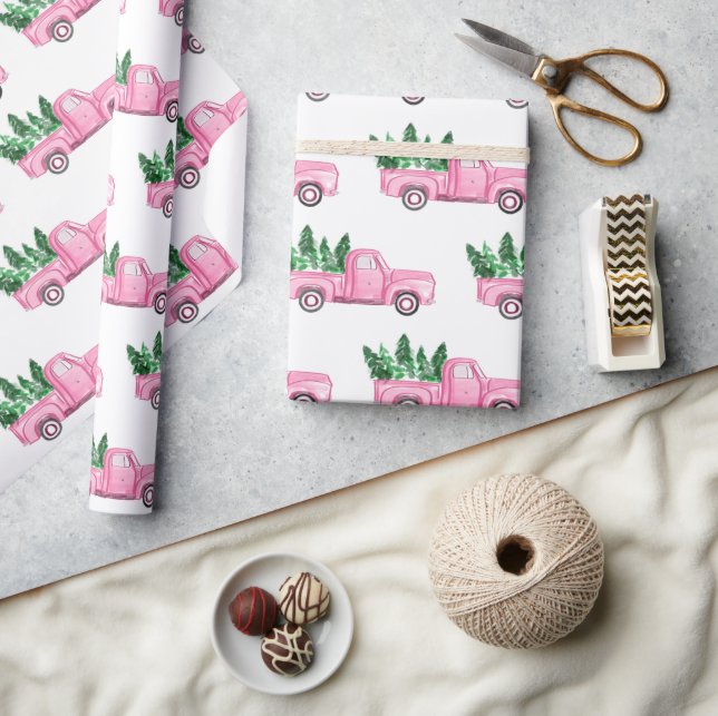 Pink Pickup Truck Christmas Tree Wrapping Paper (Crafts)