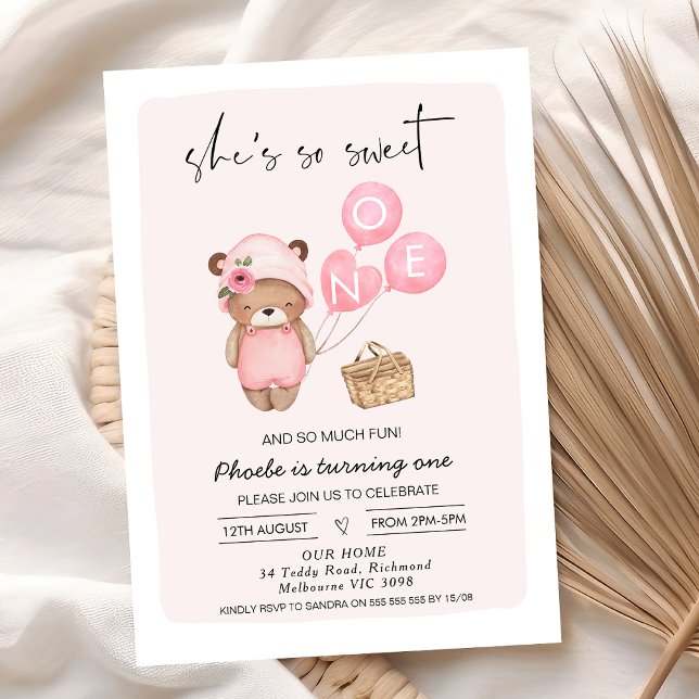 Pink Picnic Basket and Teddy Bear 1st Birthday  Invitation (Pink Teddy Bear 1st Birthday Invitation For baby Girl, She's So Sweet Bear Invite,Teddy Bear Picnic,)