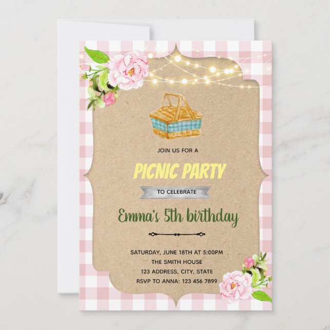 Pink picnic party invitation (Front)