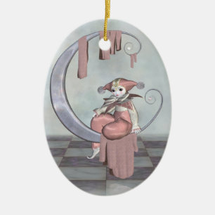 Pink Pierrot Clown Doll on a Silver Moon Ceramic Ornament