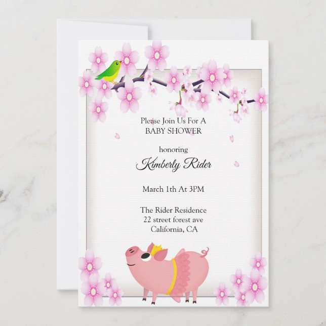 Pink Pig Cherry Blossom Baby Shower Invitation (Front)