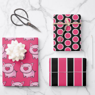 Pink Pig Dots & Stripes Wrapping Paper Sheet Set