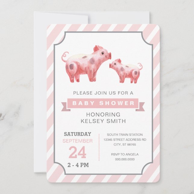Pink Pig Farm Girl baby shower Invitation (Front)