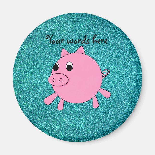 Pink pig faux turquoise glitter magnet (Front)