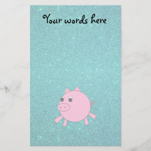 Pink pig faux turquoise glitter stationery
