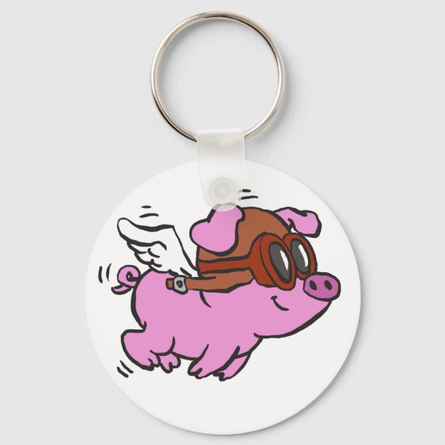 Pink pig flying cartoon | choose background colour key ring (Front)