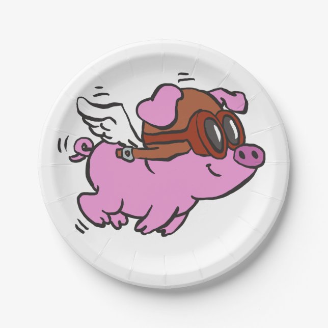 Pink pig flying cartoon | choose background colour paper plate (Front)