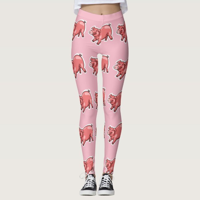 pink pig funny cartoon leggings (Front)