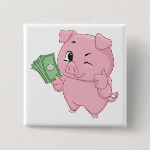Pink Pig Holding Cash Giving Thumbs Up 15 Cm Square Badge