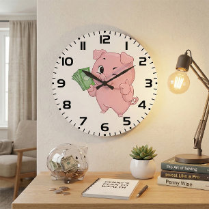 Pink Pig Holding Cash Giving Thumbs Up Large Clock