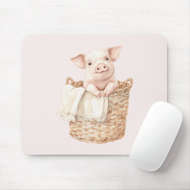 Pink Pig in a Basket Mouse Pad (With Mouse)