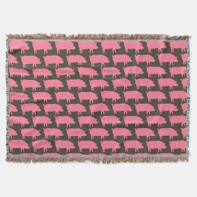 Pink Pig Silhouettes Pattern | Cute Farm Animal Throw Blanket (Front)