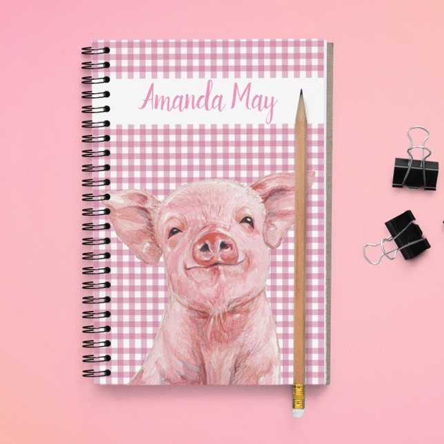 Pink Pig Watercolor Gingham Plaid Monogram  Notebook (Creator Uploaded)