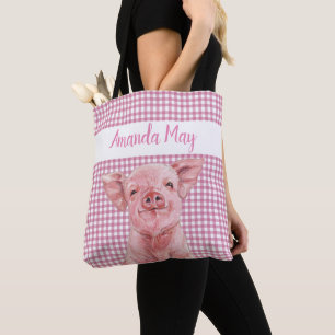 Pink Pig Watercolor Gingham Plaid Monogram   Tote Bag