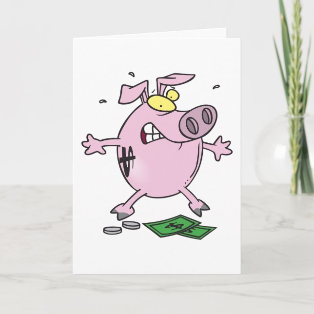 Pink Piggy Bank With Money Notes Greeting Cards (Front)