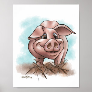Pink Piggy in the Straw Cartoon Poster