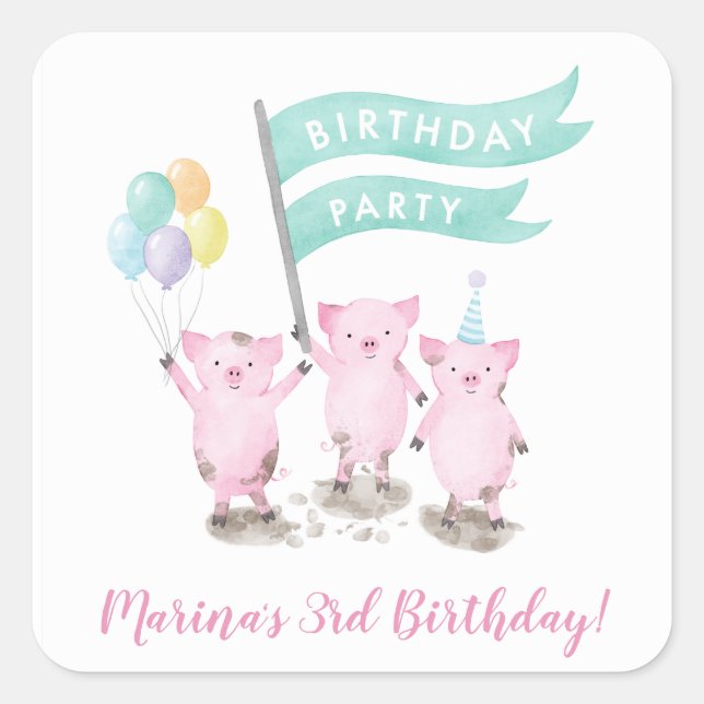 Pink Piggy Kids Birthday Square Sticker (Front)