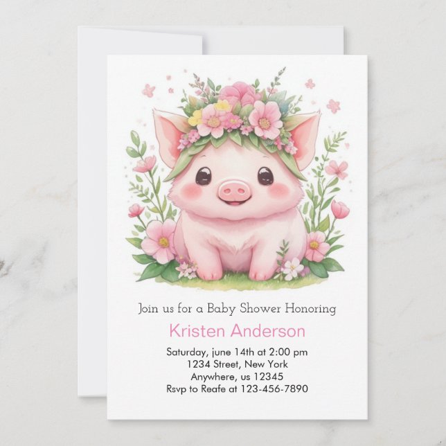 Pink Piggy Whimsical Farm Girl Baby Shower Invitation (Front)