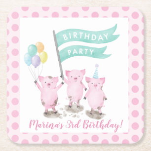 Pink Piggys Kids Birthday Party Square Paper Coaster