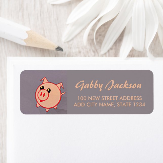Pink pigs pattern on grey return address label (Insitu)