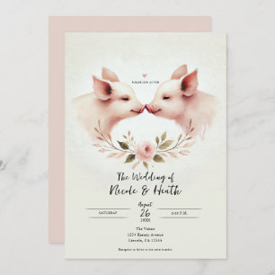 Pink Pigs Snout to Snout Floral Rustic Wedding Invitation