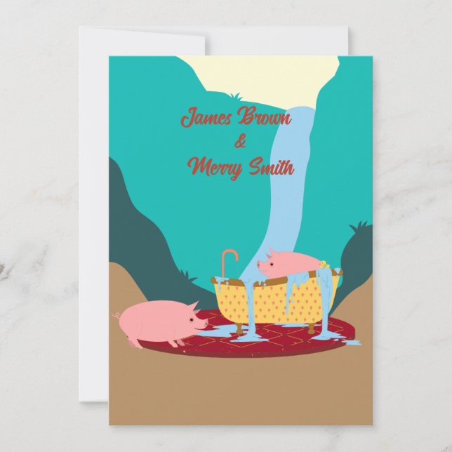 Pink Pigs Waterfall Carpet Bathtub Wedding Invitation (Front)