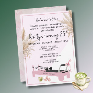 Pink Pilates & Matcha (any age) 25th Birthday Invitation