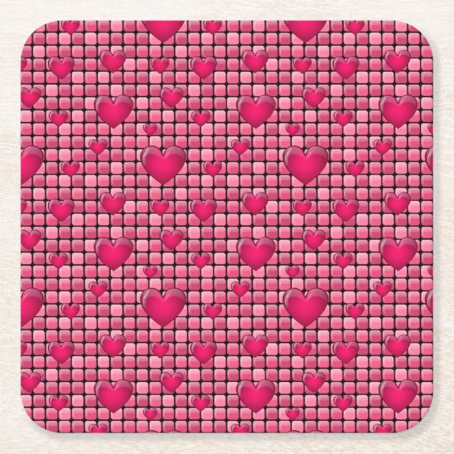 Pink Pile With Hearts Square Paper Coaster (Front)