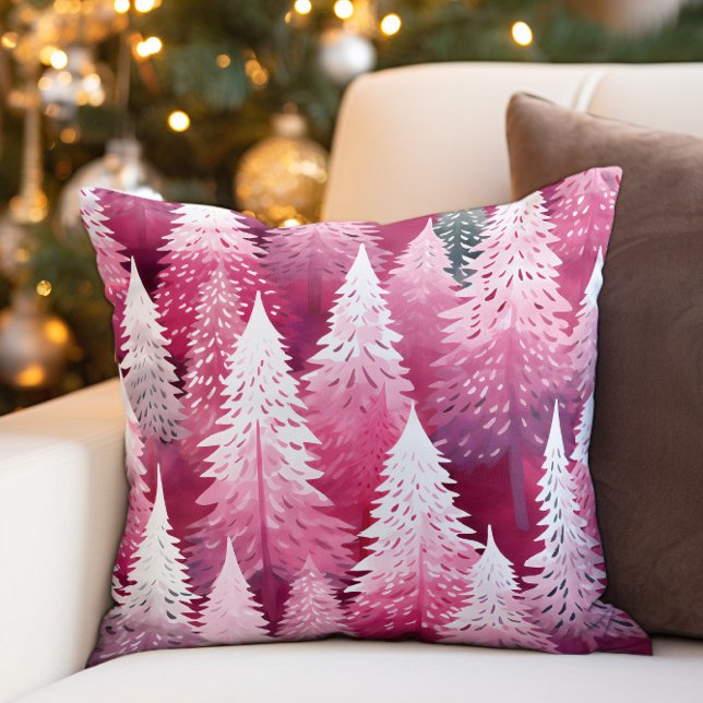 Pink Pine Christmas Trees Cushion (Pink and white Christmas tree pillow)