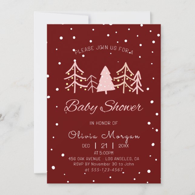 Pink Pine Tree Snow Winter Red Girl Baby Shower Invitation (Front)