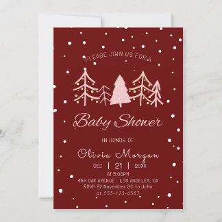 Pink Pine Tree Snow Winter Red Girl Baby Shower Invitation