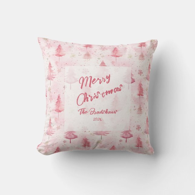 Pink Pine Trees Watercolor Christmas Cushion (Front)
