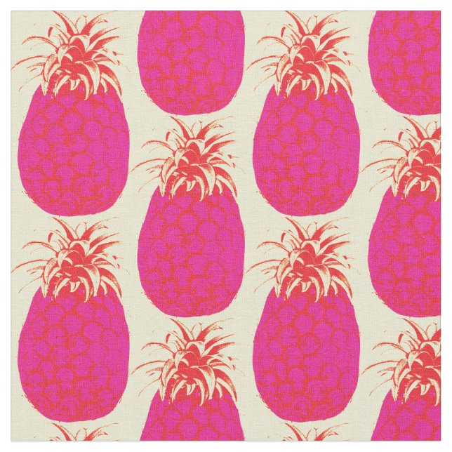 Pink Pineapple Fruit Vintage Pattern on Beige Fabric (Close Up)